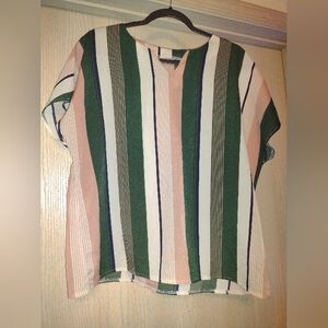 Women's Casual Green, Blue, Peach, and Cream Summer Stripe, Short Sleeve Blouse